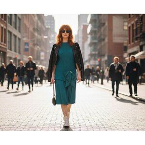 Vintage After Dark Teal Green Pleated Dress With Bow Accent & Rhinestone Detail